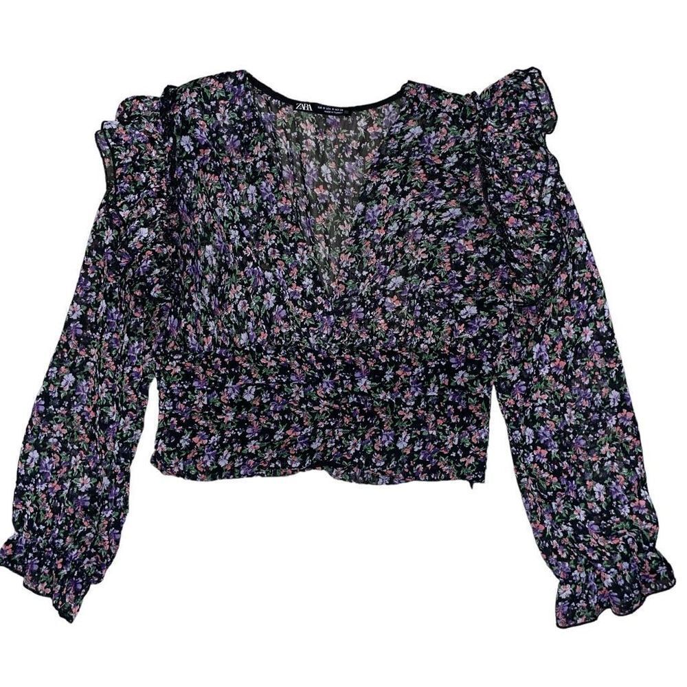 Zara Cropped Blouse Floral Long Sleeve Ruffle V Neck Small - Picture 2 of 7